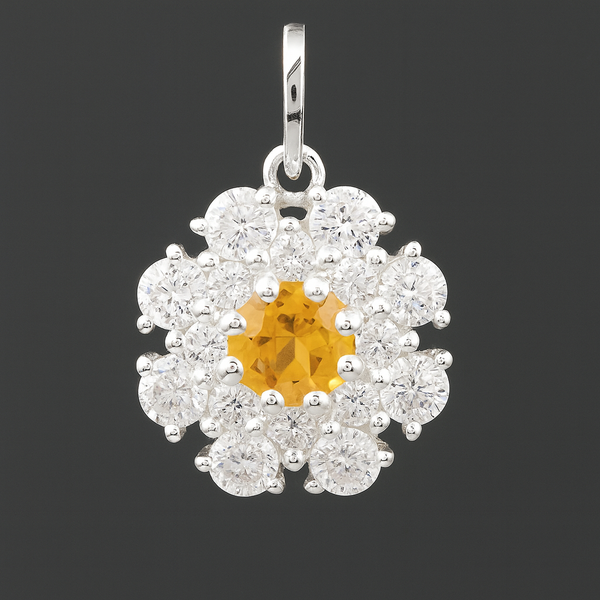 1.85 Ct Round Citrine, Cubic Zirconia 925 Sterling Silver Pendant