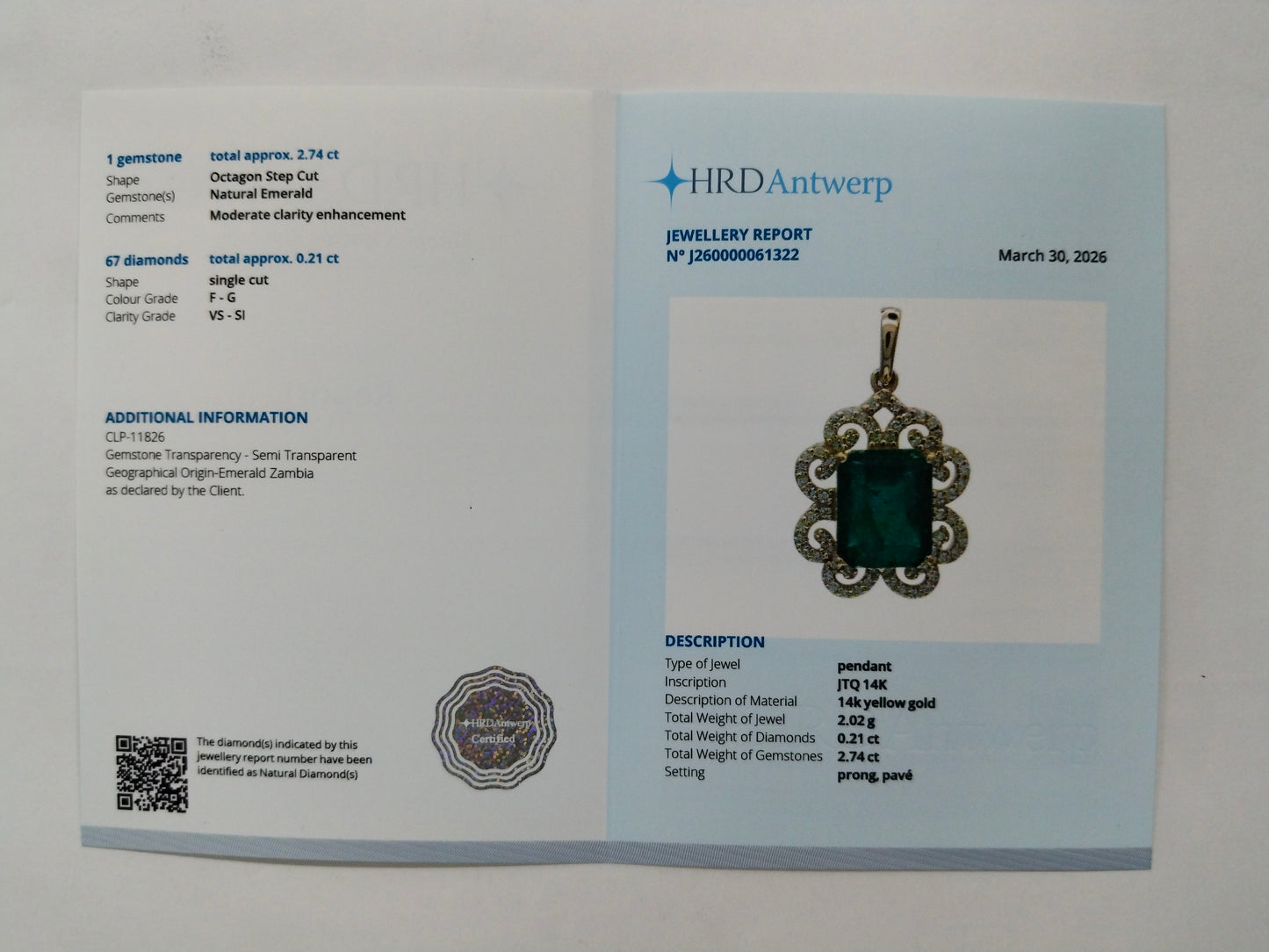 2.95 Ct Octagon Step Cut Natural Emerald 14K Gold Pendant