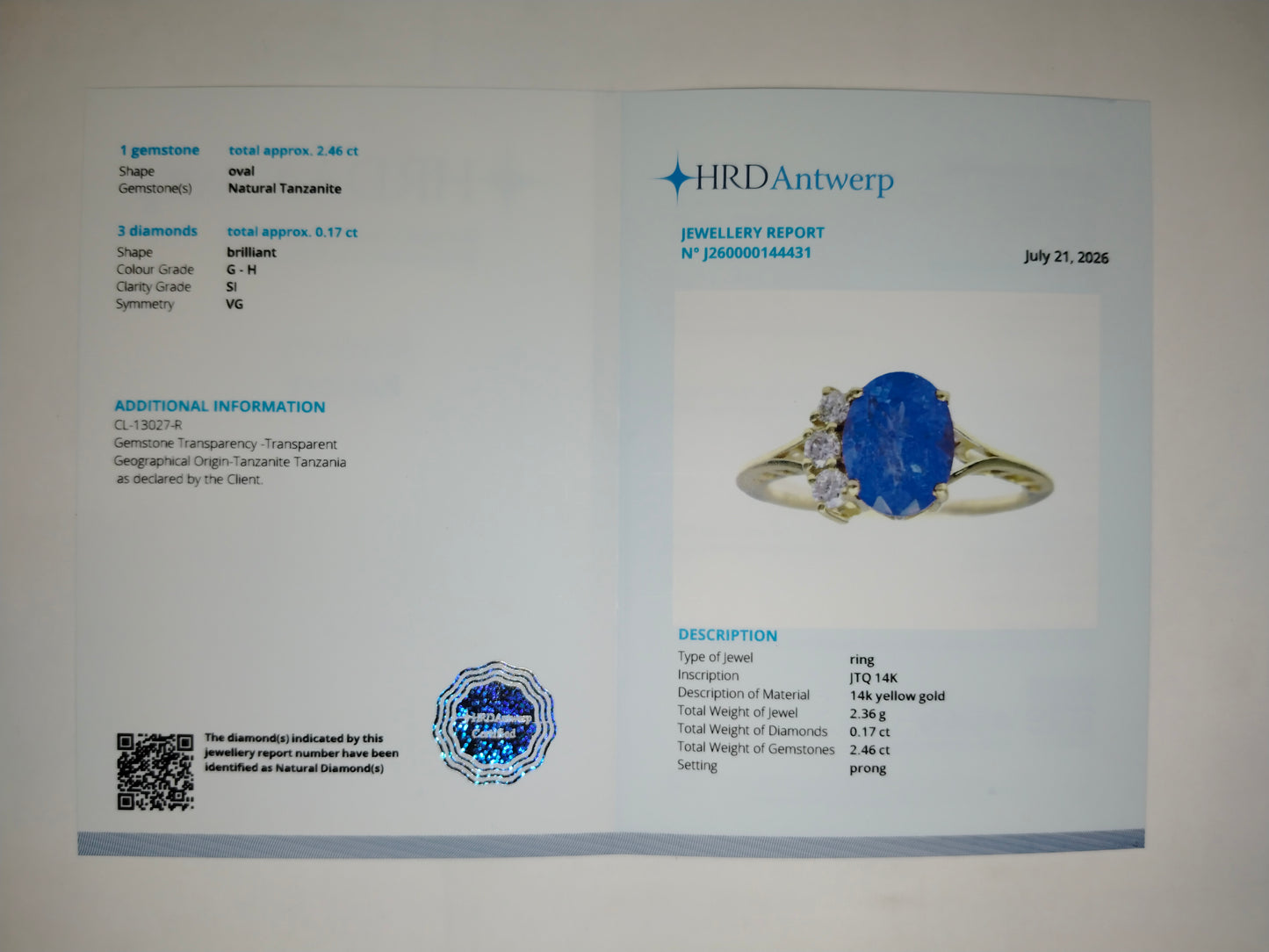 2.63 Ct Oval Natural Tanzanite 14K Gold Ring