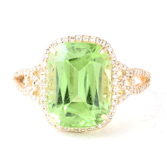 7.42 Ct Rectangular Cushion Mixed Cut Natural Peridot 14K Gold Ring