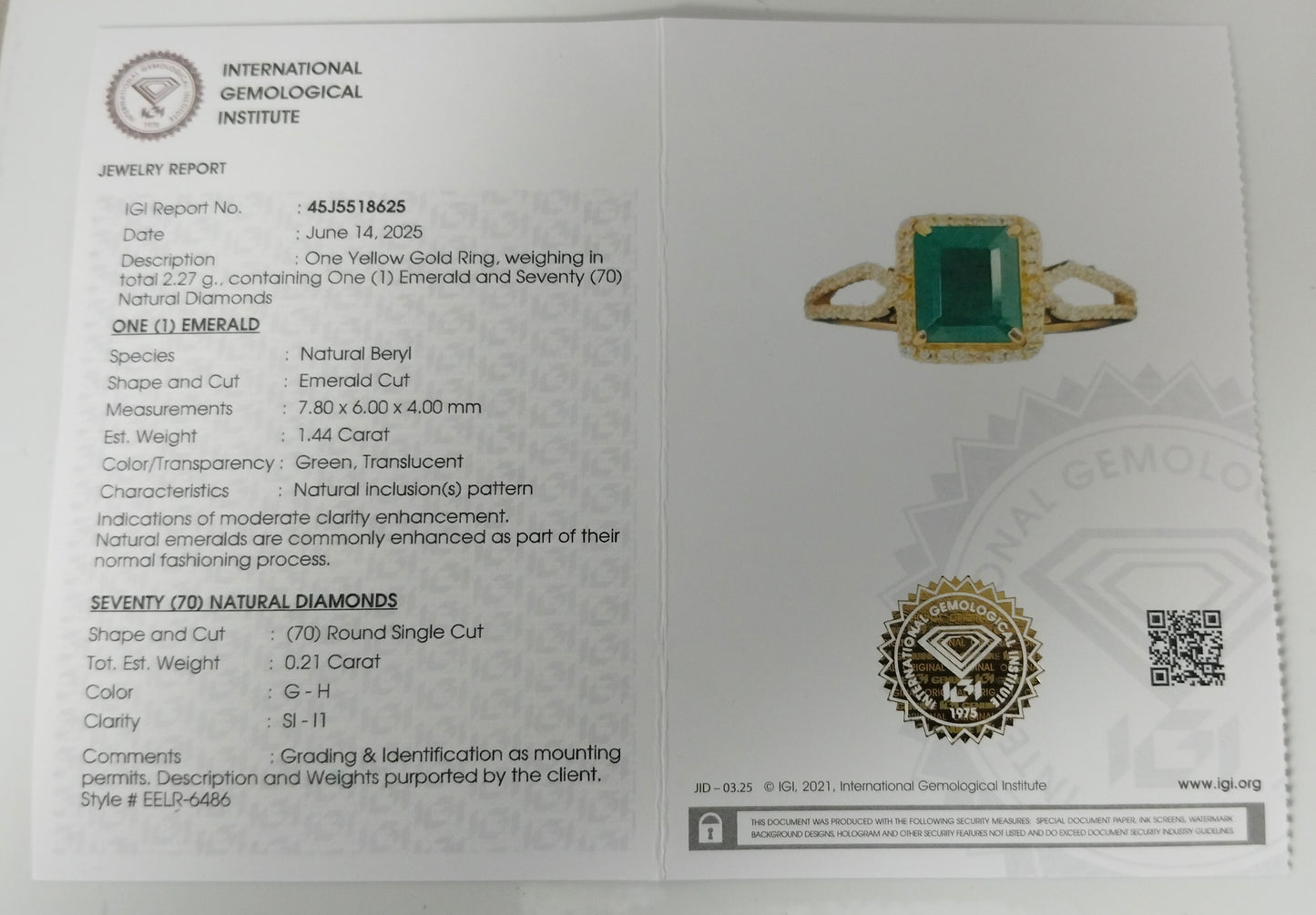 1.65 Ct Emerald Cut Natural Beryl Emerald 14K Gold Ring