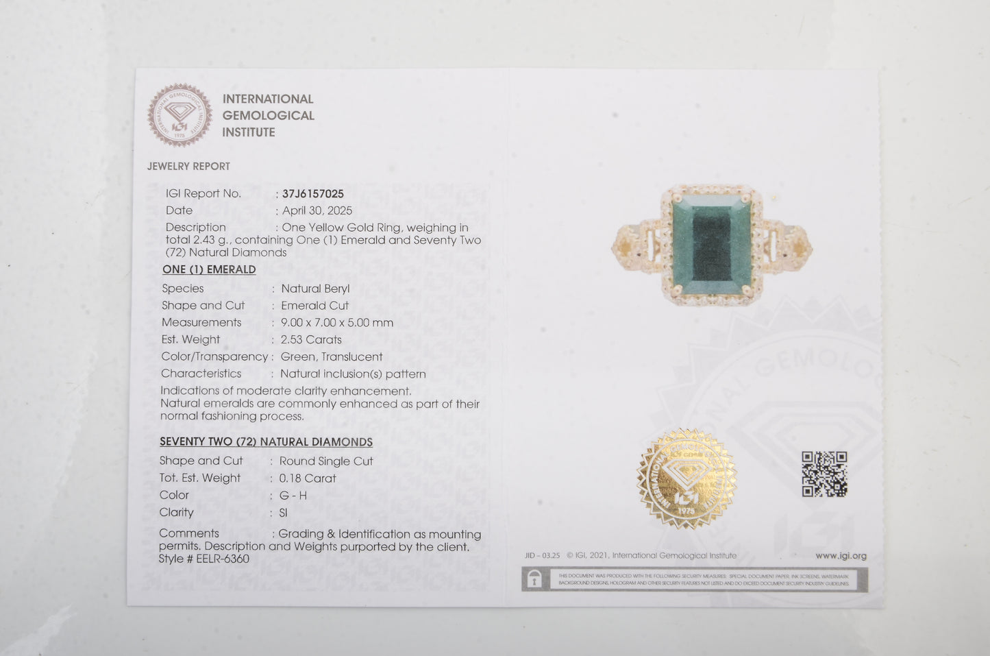 2.71 Ct Emerald Cut Natural Beryl Emerald 14K Gold Ring