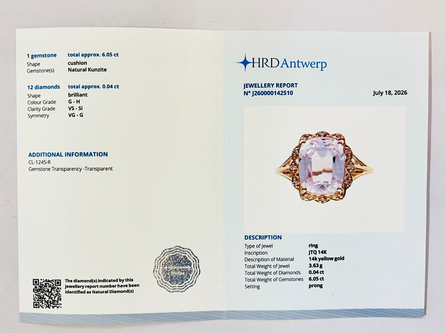 6.09 Ct Cushion Natural Kunzite 14K Gold Ring