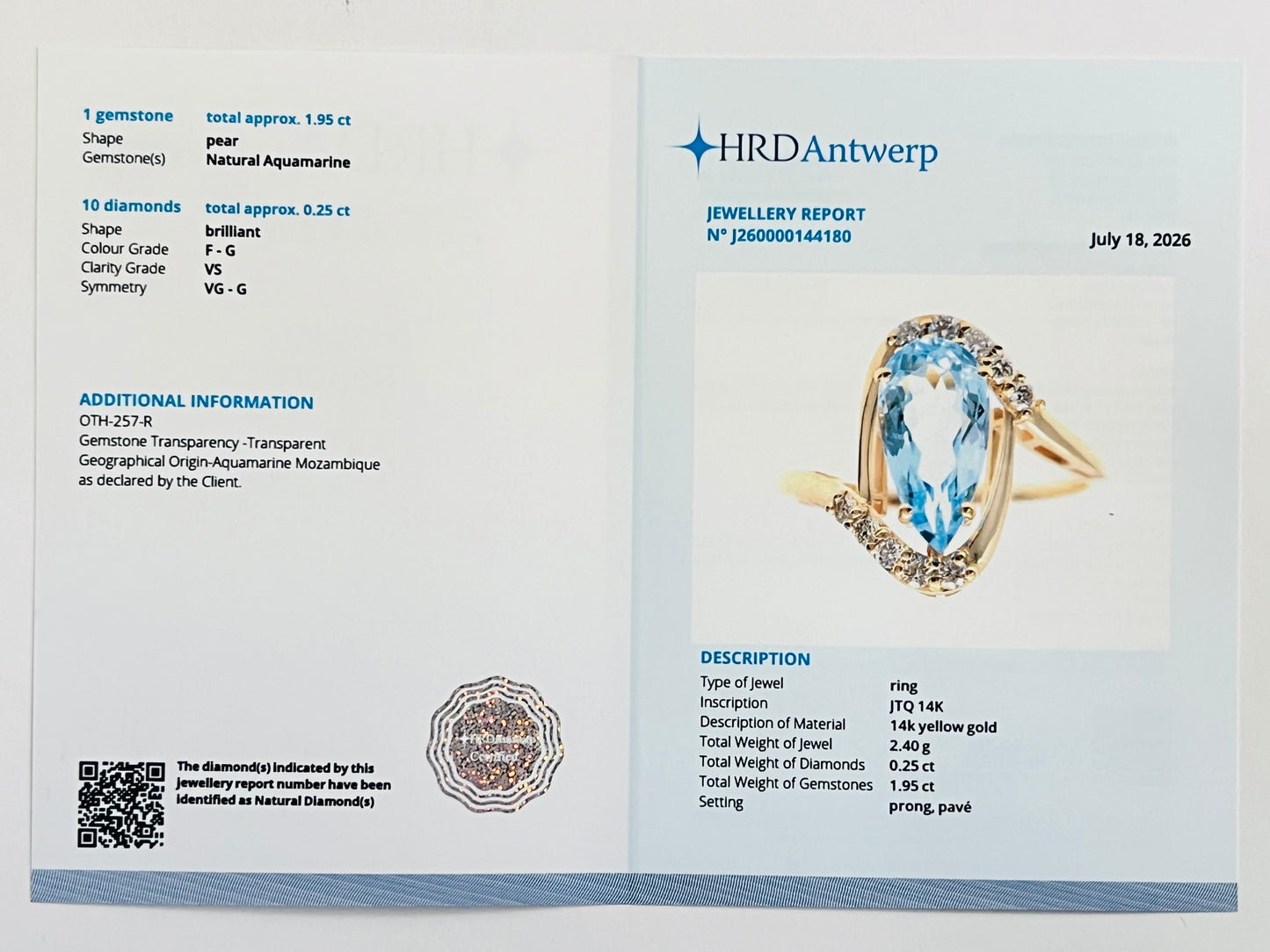 2.20 Ct Pear Natural Aquamarine 14K Gold Ring