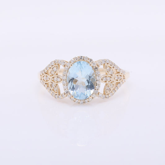 1.38 Ct Oval Mixed Cut Natural Aquamarine 14K Gold Ring