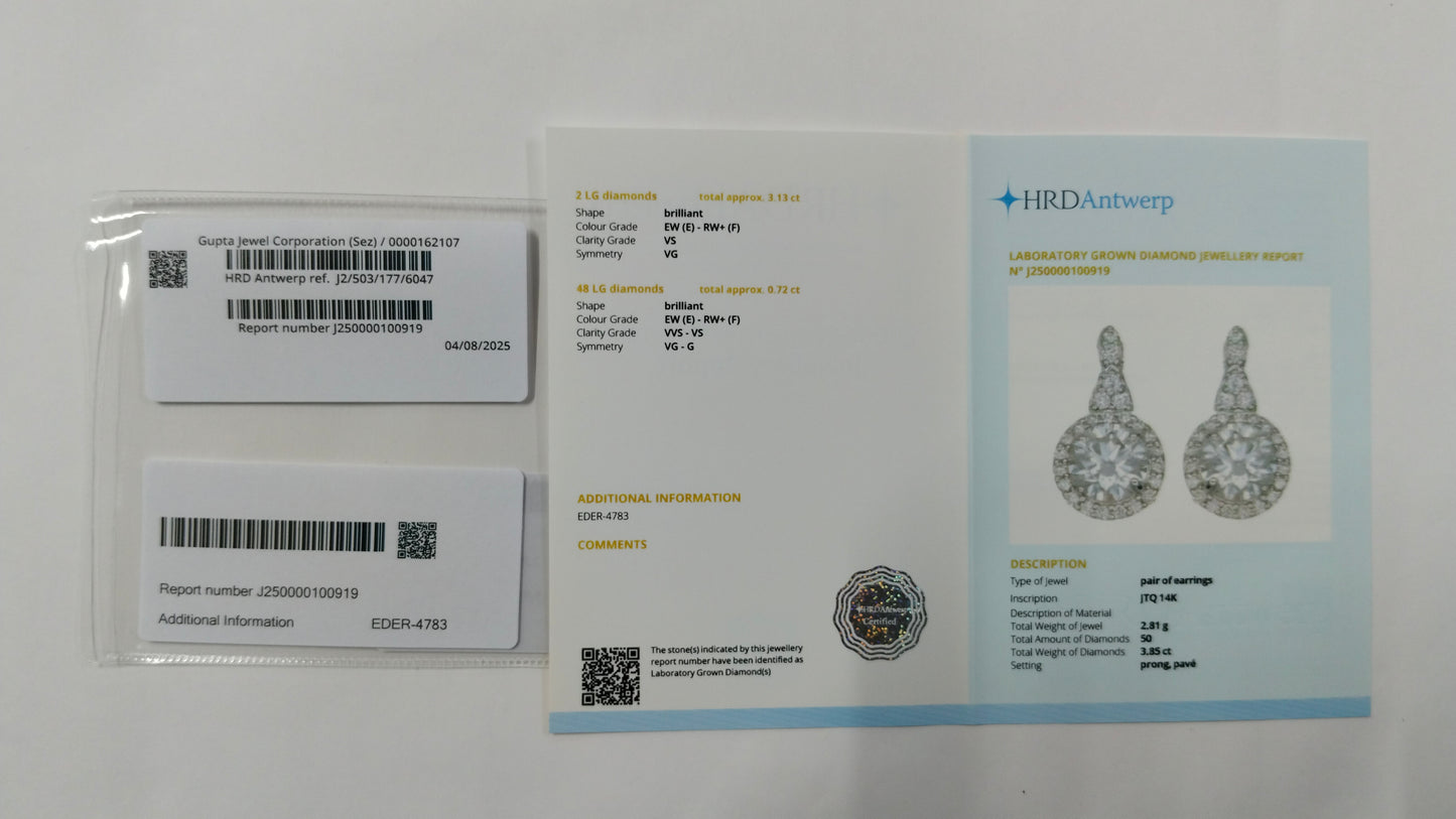 3.85 Carats Lab Grown Diamond 14K Gold Earrings