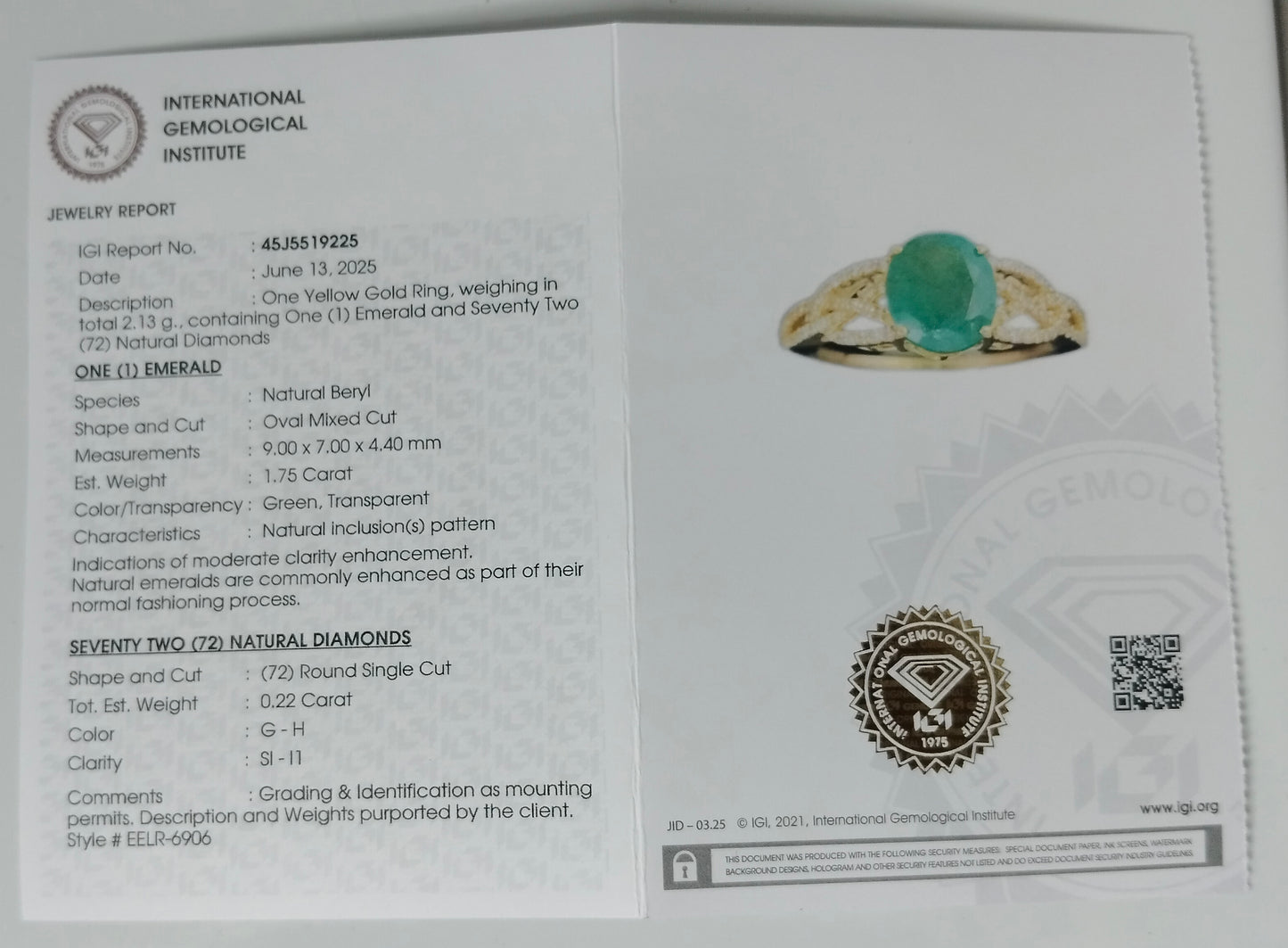 1.97 Ct Oval Mixed Cut Natural Beryl Emerald 14K Gold Ring