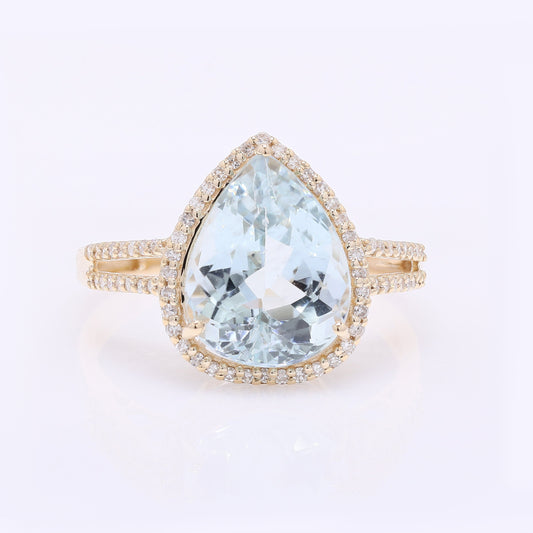 3.86 Ct Pear Mixed Cut Natural Aquamarine 14K Gold Ring