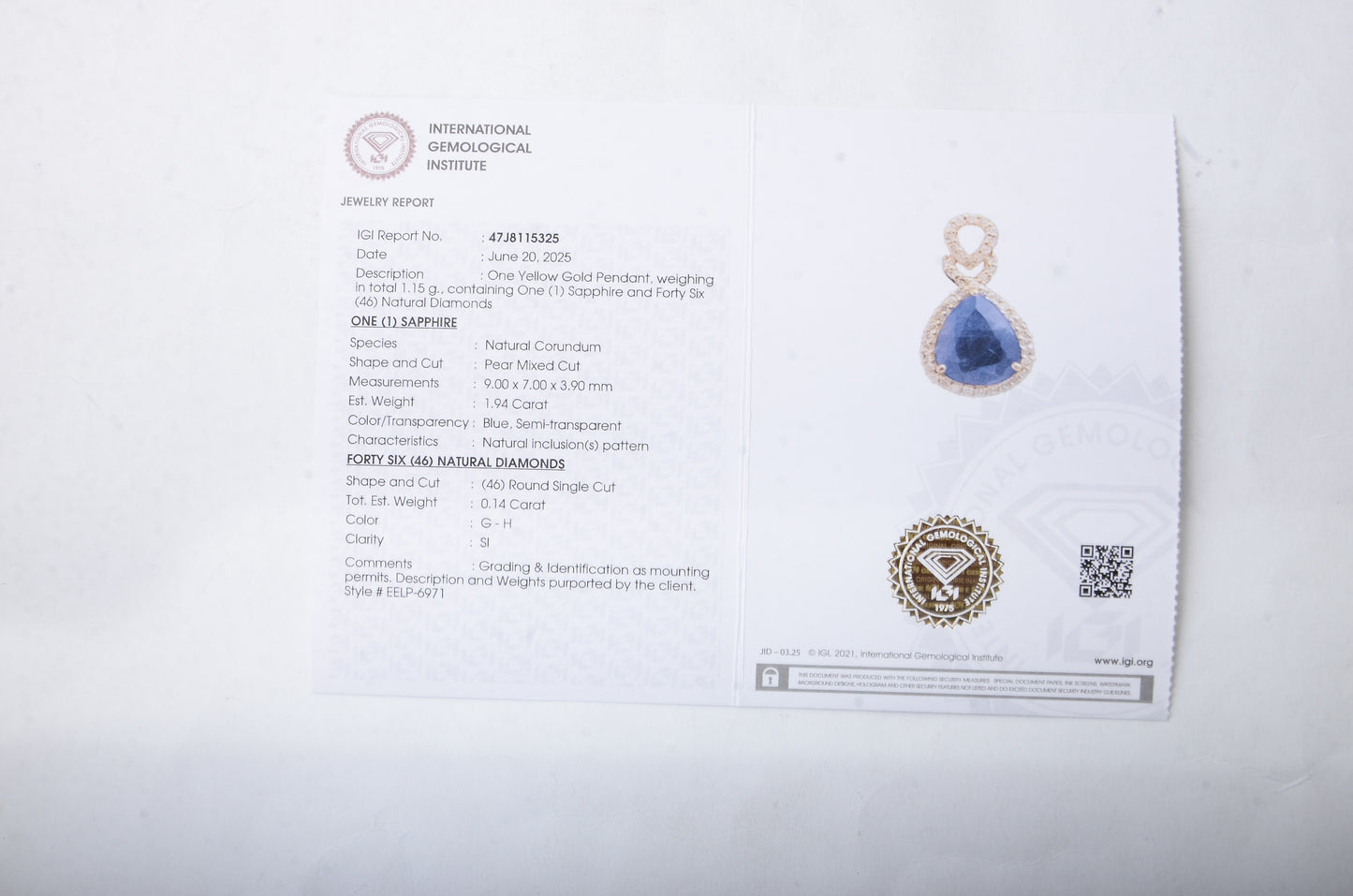 2.08 Ct Pear Mixed Cut Natural Corundum Sapphire 14K Gold Pendant
