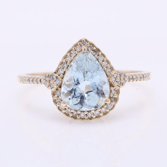 1.55 Ct Pear Mixed Cut Natural Aquamarine 14K Gold Ring