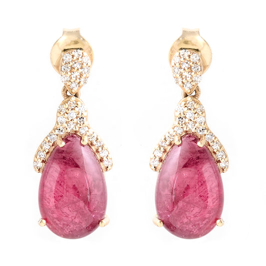 5.77 Ct Pear Cabochon Natural Tourmaline 14K Gold Earrings
