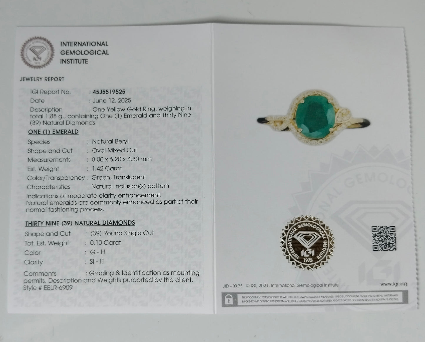1.52 Ct Oval Mixed Cut Natural Beryl Emerald 14K Gold Ring