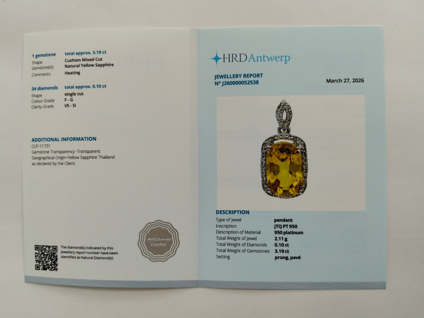 3.29 Ct Cushion Mixed Cut Natural Yellow Sapphire 950 Platinum Pendant