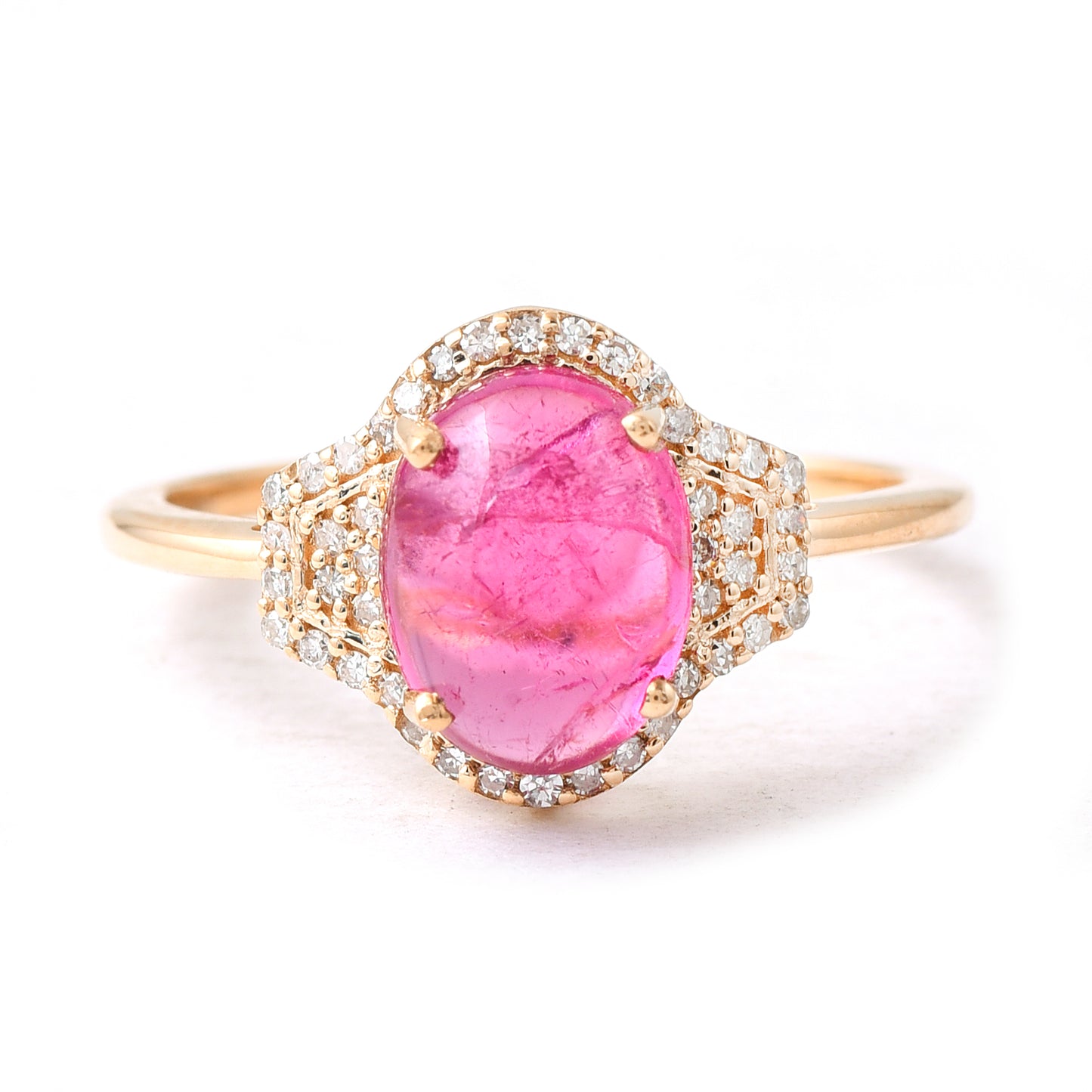 1.92 Ct Oval Cabochon Cut Natural Pink Tourmaline 14K Gold Ring
