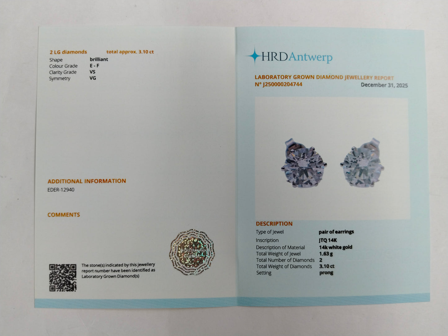 3.10 Carats Lab Grown Diamond 14K Gold Earrings