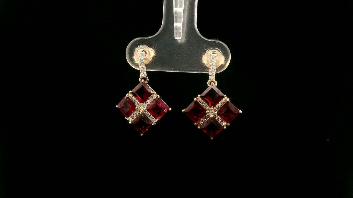 3.04 Ct Square Rubellite 14K Gold Earrings