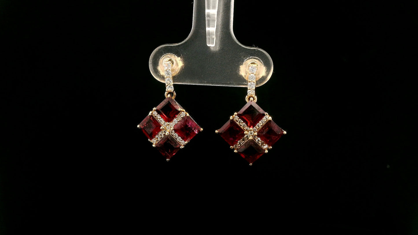3.04 Ct Square Rubellite 14K Gold Earrings