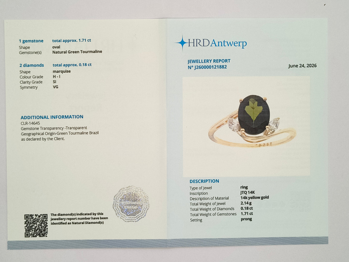 1.89 Ct Oval Natural Green Tourmaline 14K Gold Ring
