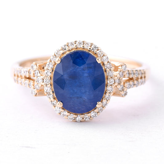 2.43 Ct Oval Mixed Cut Natural Sapphire 14K Gold Ring