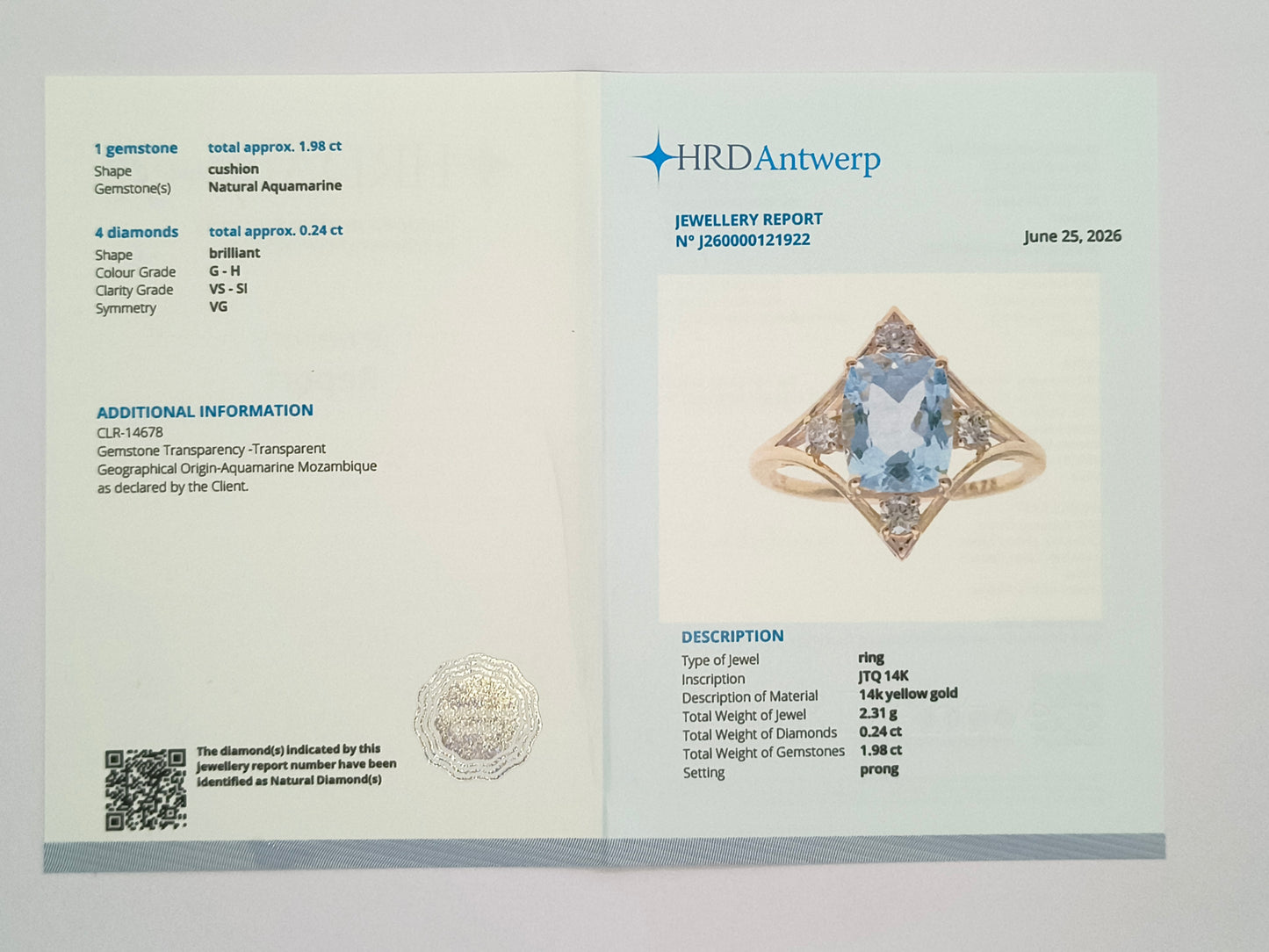 2.22 Ct Cushion Natural Aquamarine 14K Gold Ring