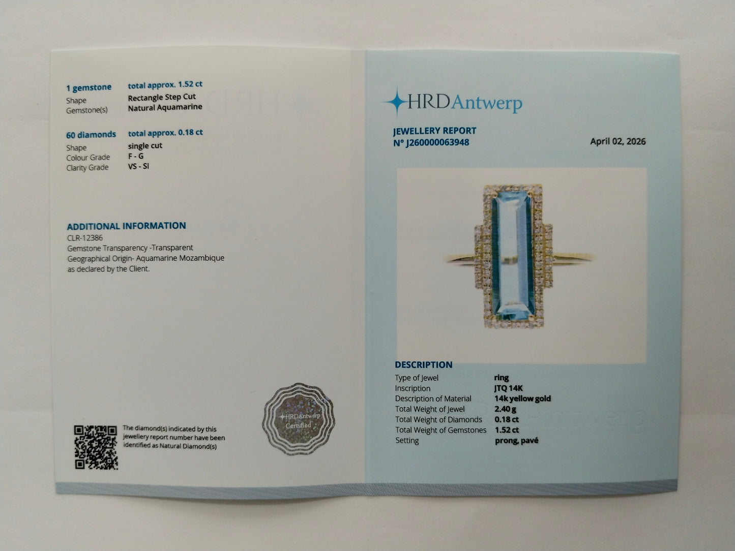 1.70 Ct Rectangle Step Cut Natural Aquamarine 14K Gold Ring