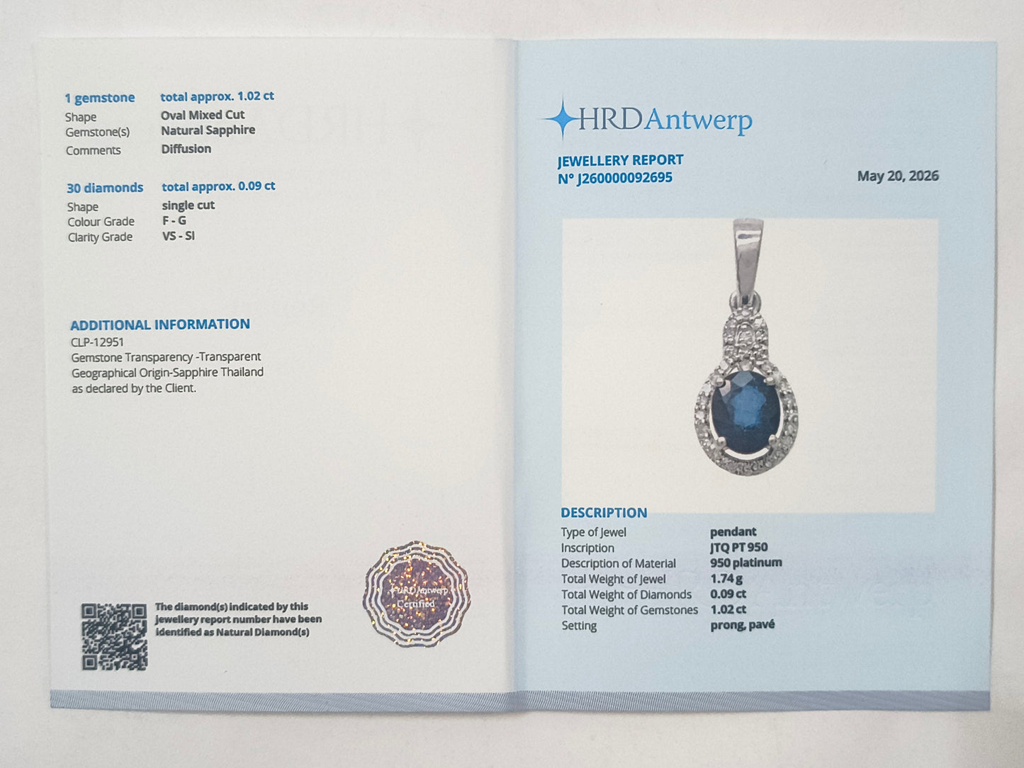 1.11 Ct Oval Sapphire 950 Platinum Pendant