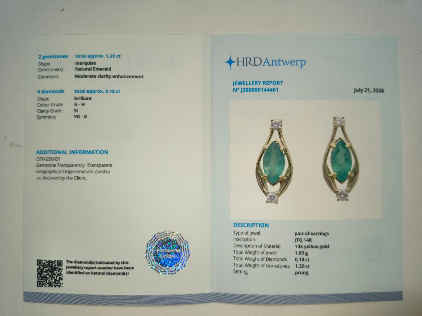 1.38 Ct Marquise Natural Emerald 14K Gold Earrings
