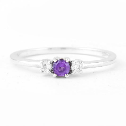 0.23 Ct Round Amethyst, Cubic Zirconia, 925 Sterling Silver Ring