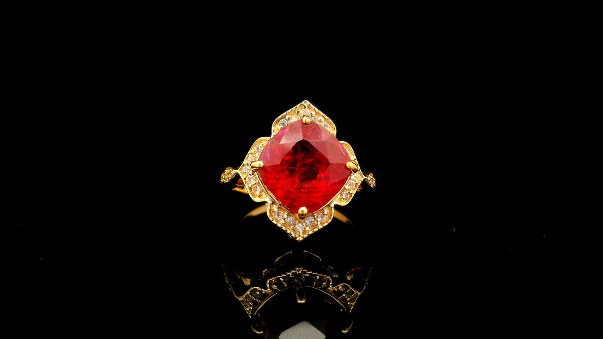 5.97 Ct Cushion Lab Grown Ruby 14K Gold Ring