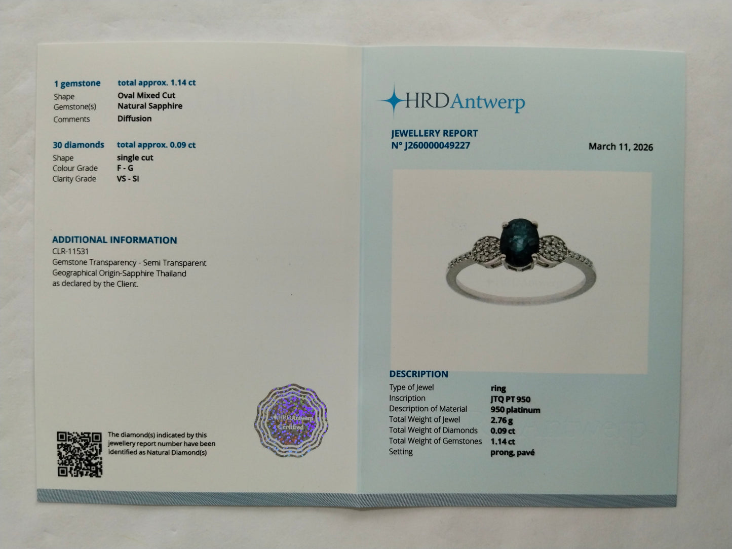 1.23 Ct Oval Mixed Cut Natural Sapphire 950 Platinum Ring