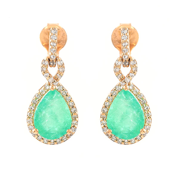 2.93 Ct Pear Mixed Cut Natural Emerald 14K Gold Earrings