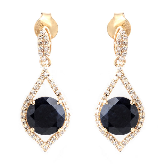 3.62 Ct Round Mixed Cut Natural Corundum Sapphire 14K Gold Earrings
