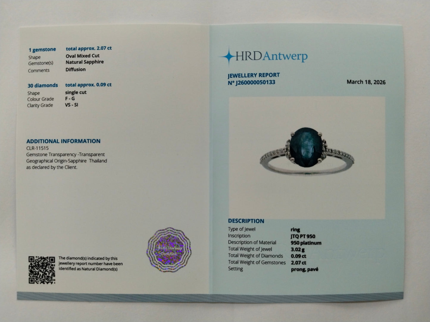 2.16 Ct Oval Mixed Cut Natural Sapphire 950 Platinum Ring