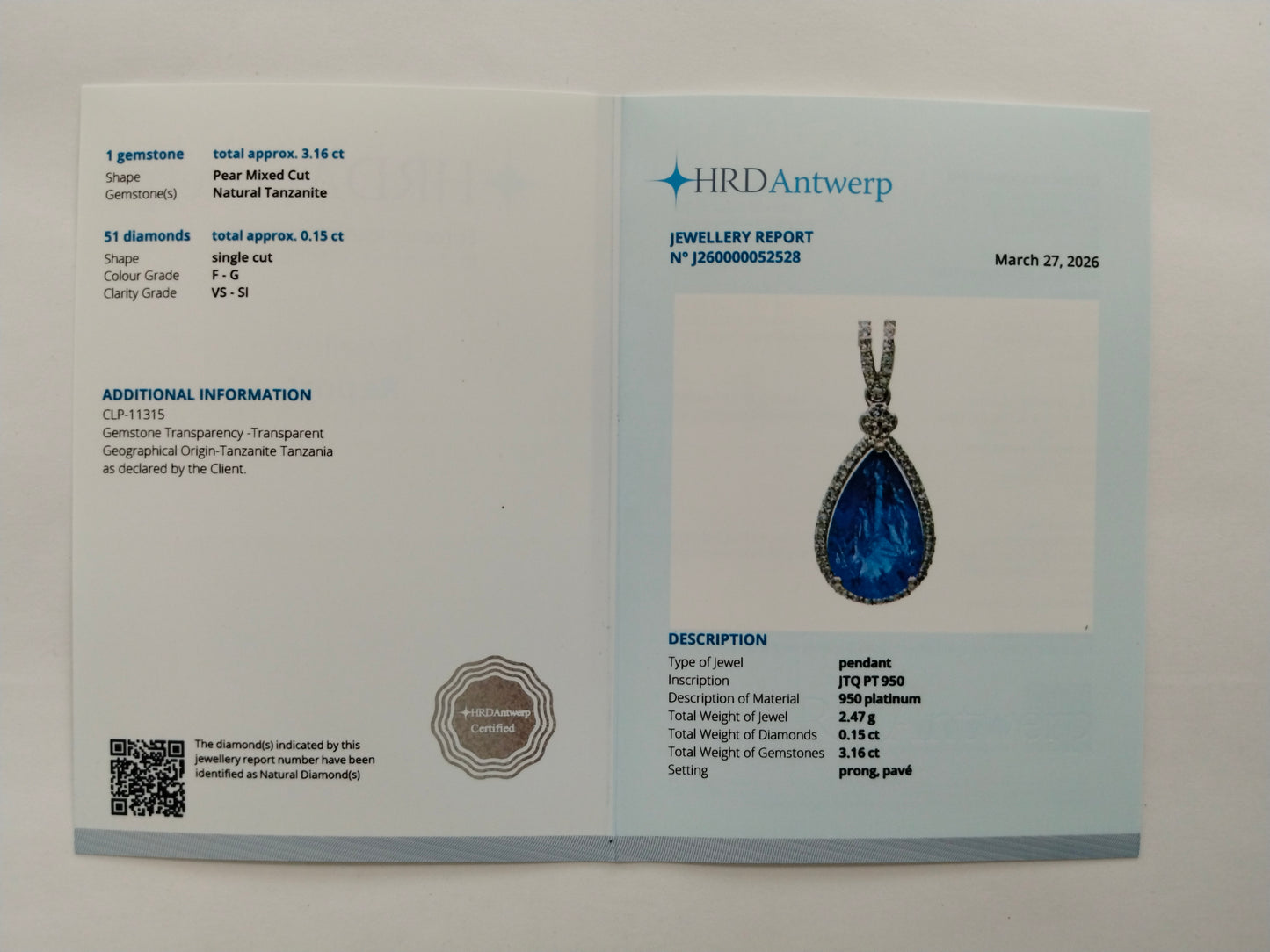 3.31 Ct Pear Mixed Cut Natural Tanzanite 950 Platinum Pendant