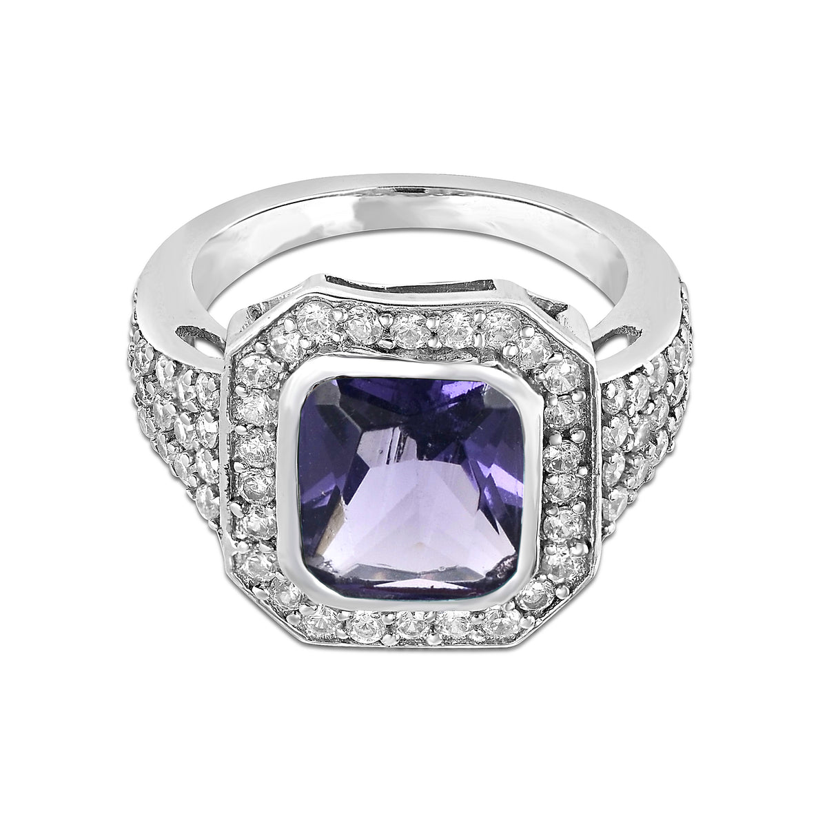5.44 Ct Octagon Amethyst, Cubic Zirconia 925 Sterling Silver Ring