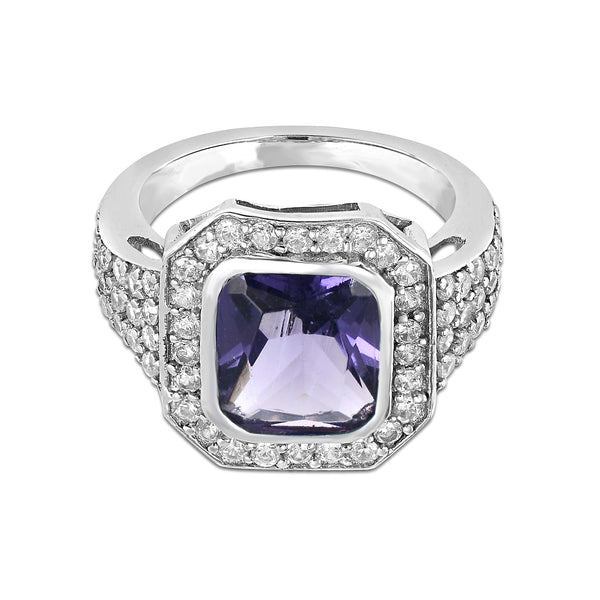 5.44 Ct Octagon Amethyst, Cubic Zirconia 925 Sterling Silver Ring