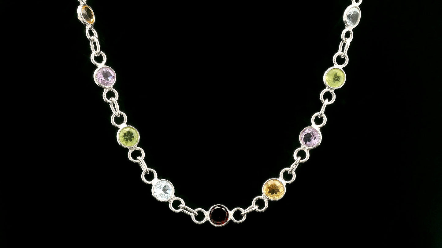 9.26 Ct Round Garnet, Peridot, Blue Topaz, Citrine, Amethyst 925 Sterling Silver Necklace