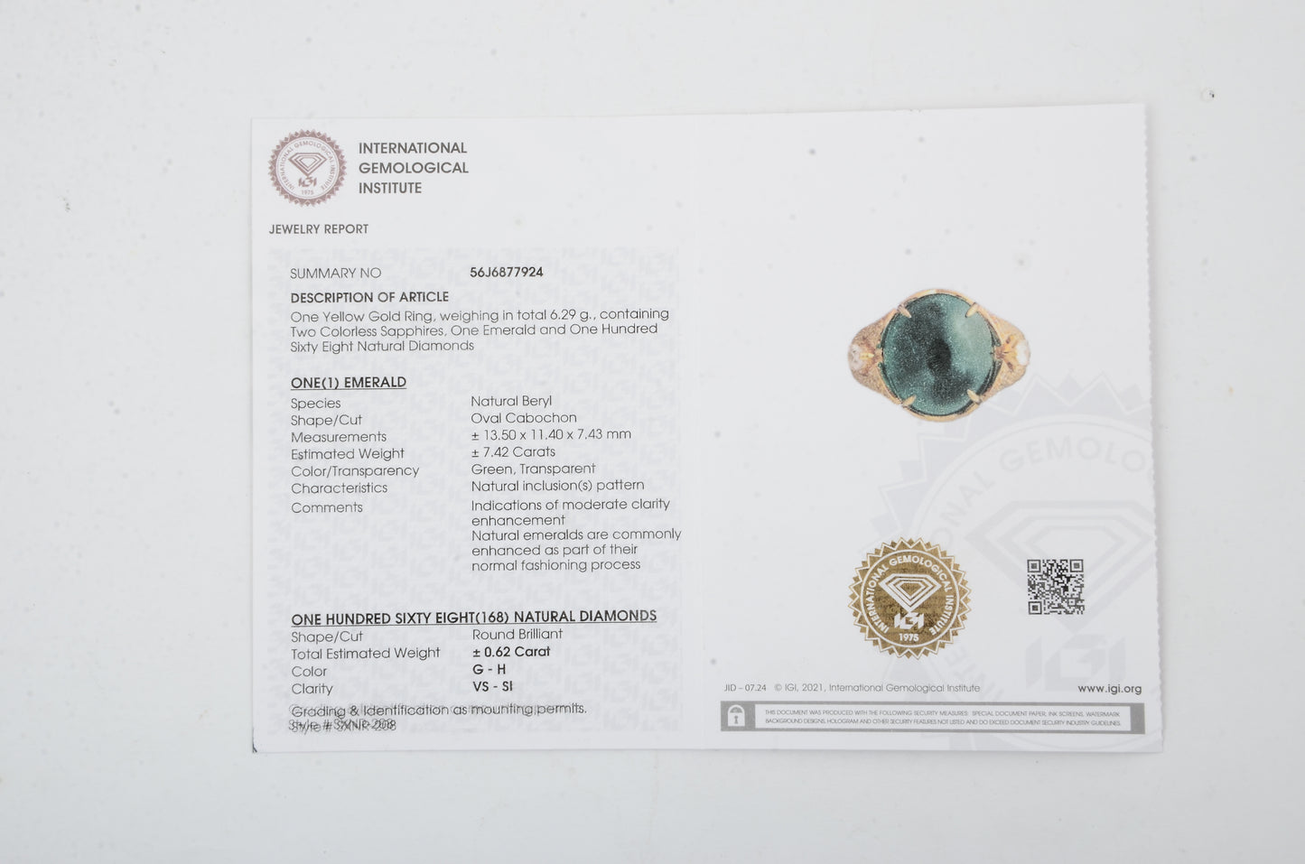 8.75 Carat Oval Cabochon Natural Beryl Emerald 14K Gold Ring