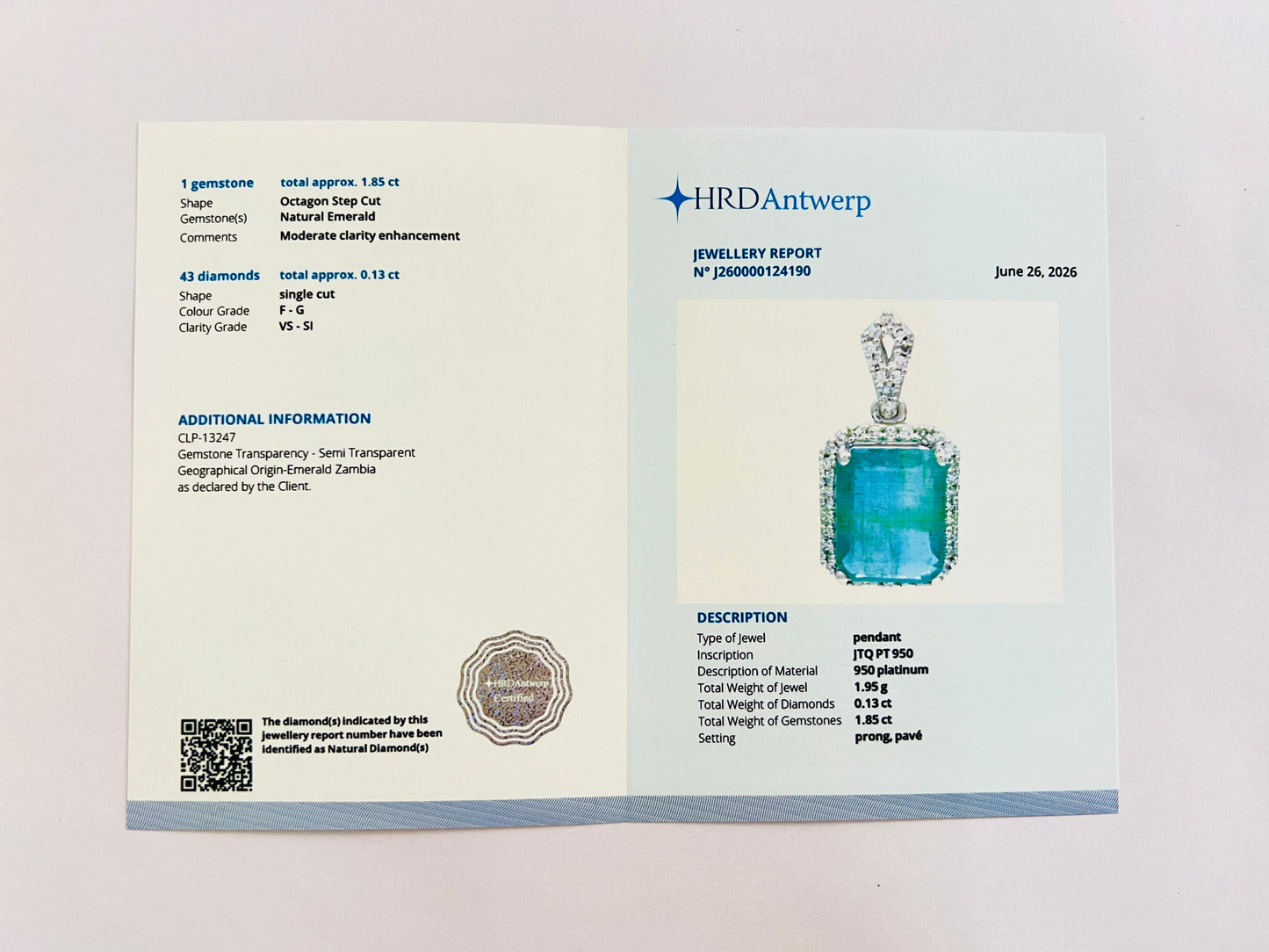 1.98 Ct Octagon Step Cut Natural Emerald 950 Platinum Pendant