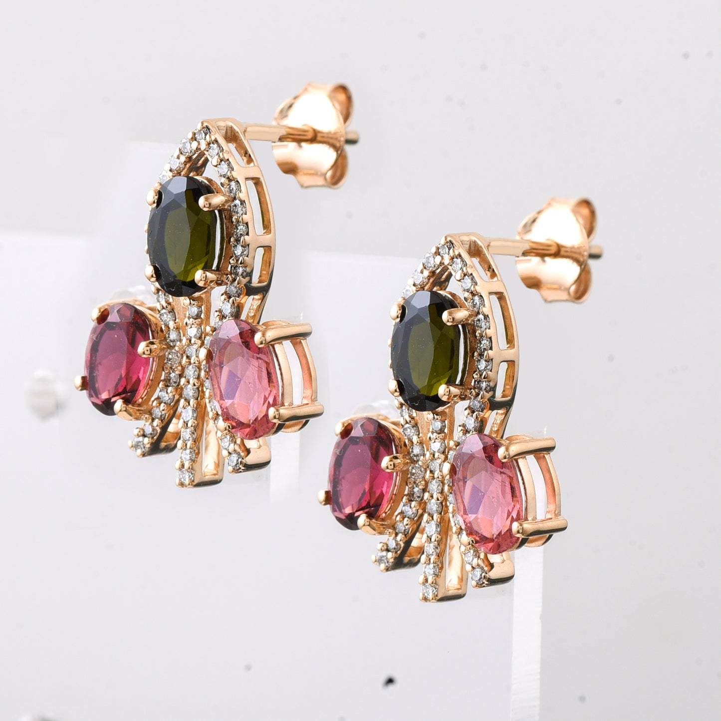 3.20 Ct Oval Mixed Cut Natural Multi-Coloured Tourmaline 14K Gold Earrings