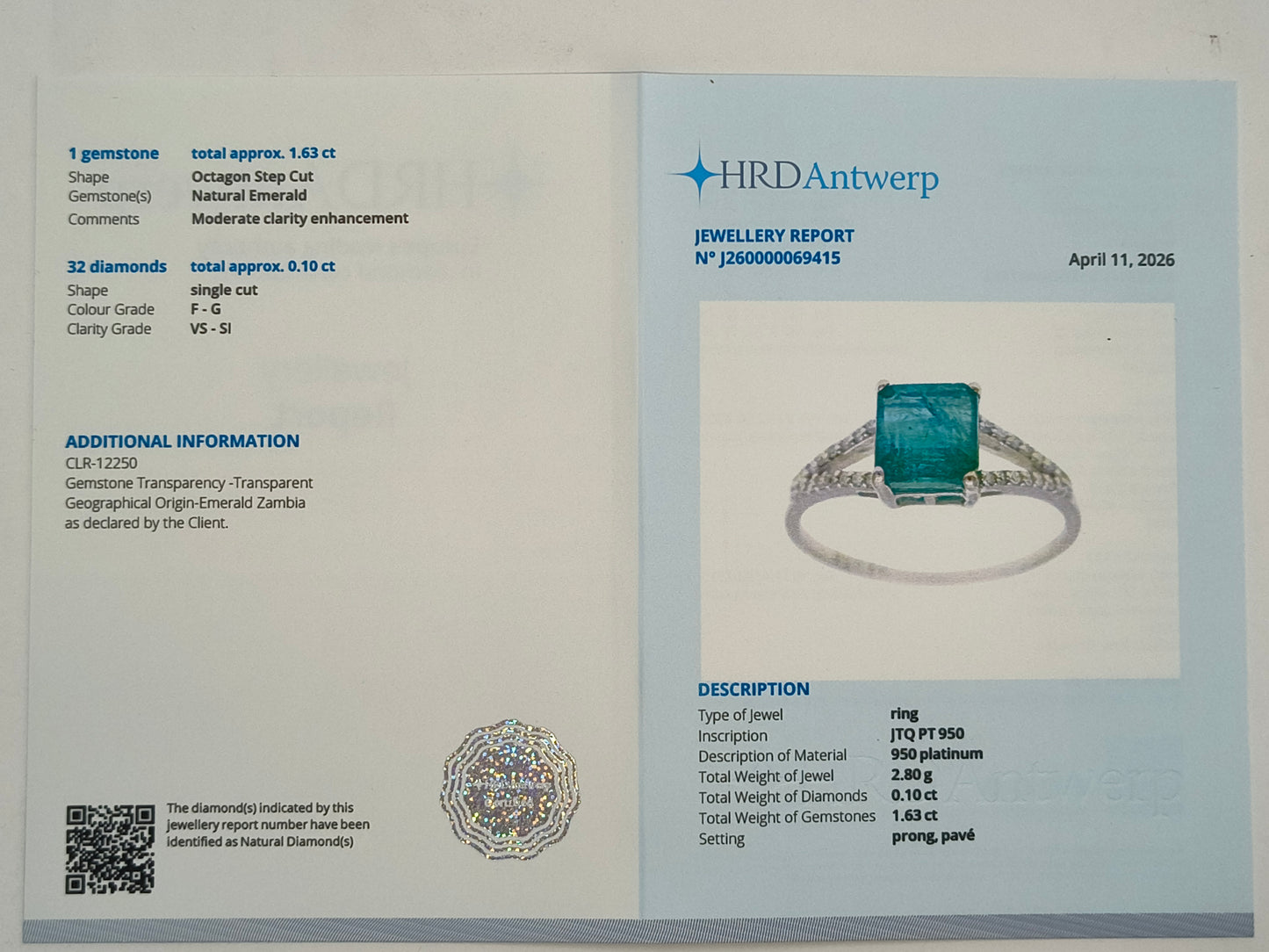 1.73 Ct Octagon Step Cut Natural Emerald 950 Platinum Ring