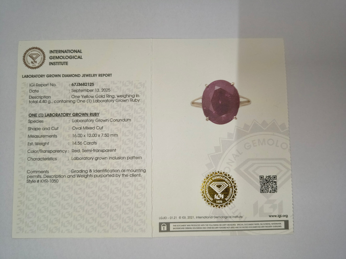14.56 Ct Oval Mixed Cut Lab Grown Ruby 14K Gold Ring