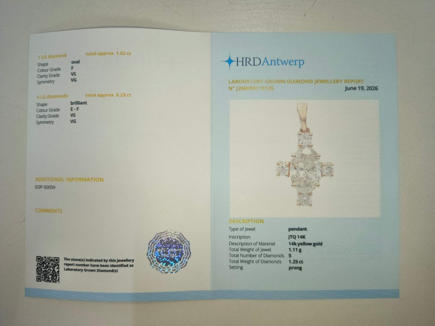 1.25 Ct Oval Lab Grown Diamond 14K Gold Pendant