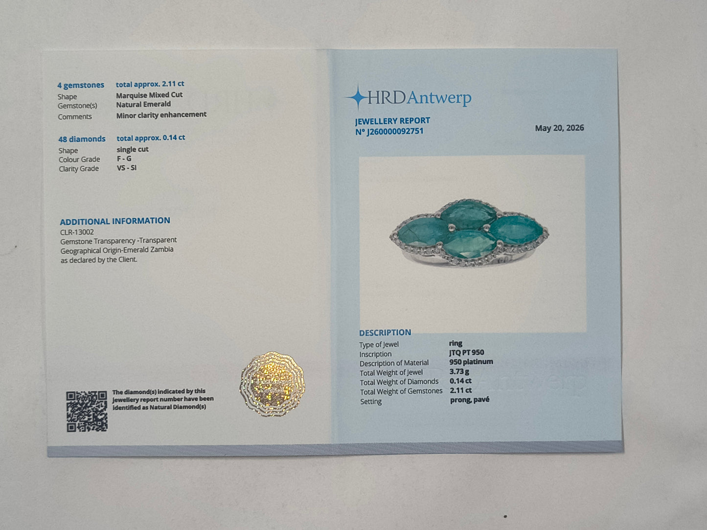 2.25 Ct Marquise Emerald 950 Platinum Ring