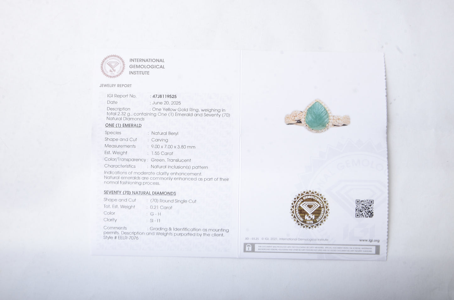 1.76 Ct Pear Carving Natural Beryl Emerald 14K Gold Ring