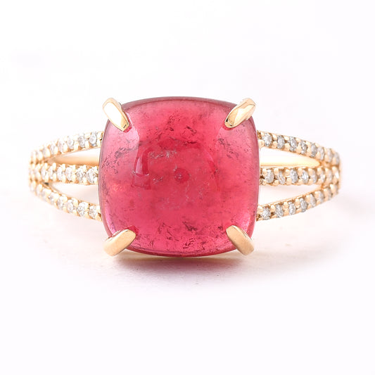 5.44 Ct Cushion Cabochon Cut Natural Pink Tourmaline 14K Gold Ring