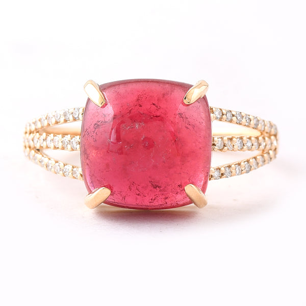 5.44 Ct Cushion Cabochon Cut Natural Pink Tourmaline 14K Gold Ring