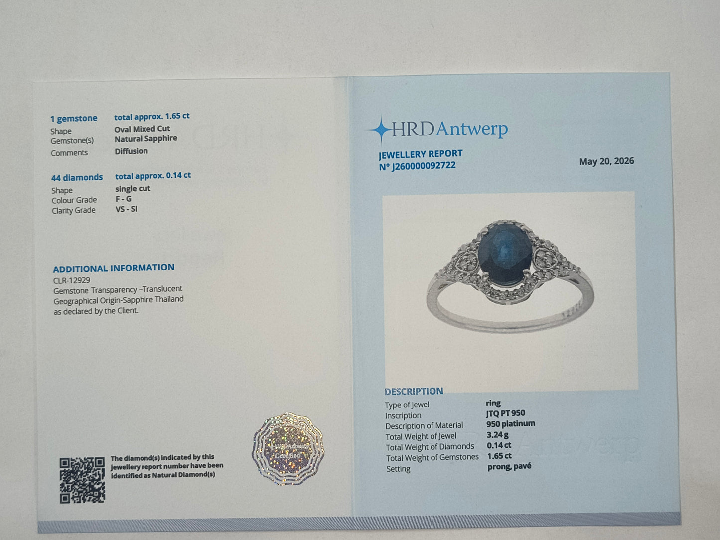 1.79 Ct Oval Sapphire 950 Platinum Ring