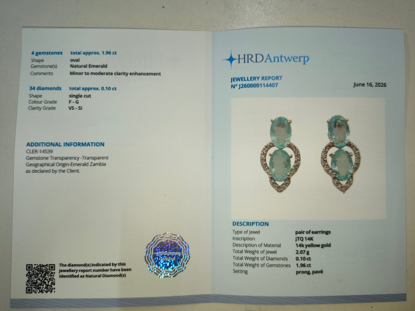 2.06 Ct Oval Natural Emerald 14K Gold Earrings