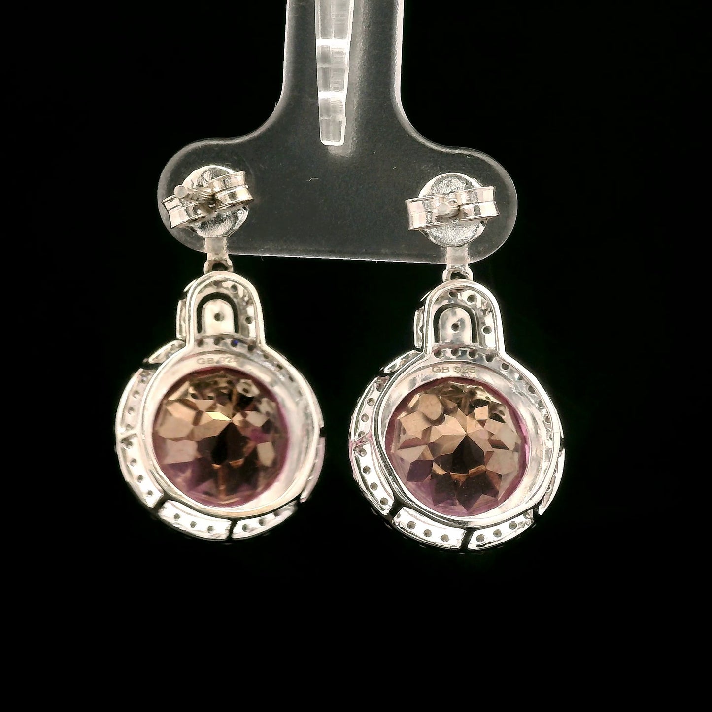 17.56 Ct Round Pink Topaz, White Zircon 925 Sterling Silver Earrings